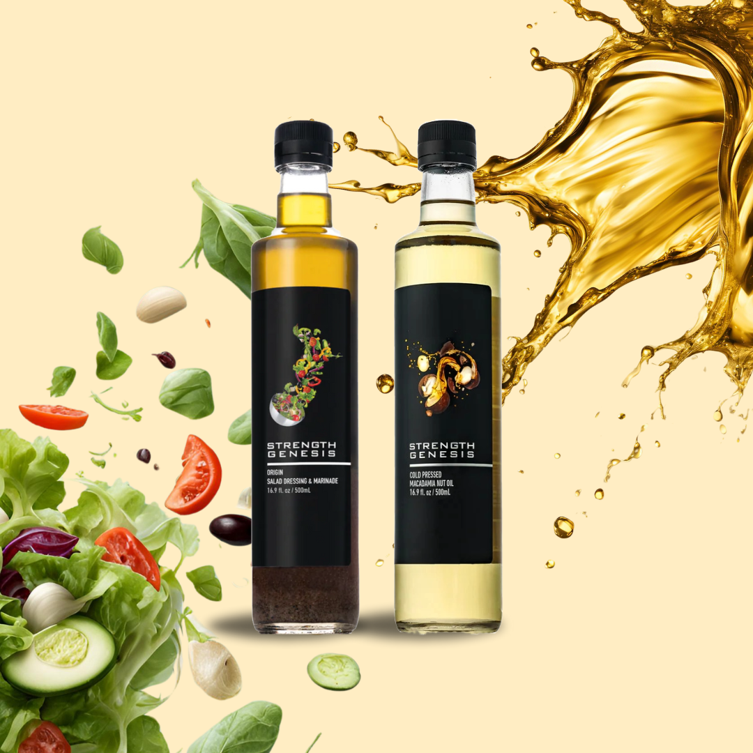Keto Salad Mac Pack Bundle featuring two bottles of salad dressing with vibrant labels and fresh salad ingredients.