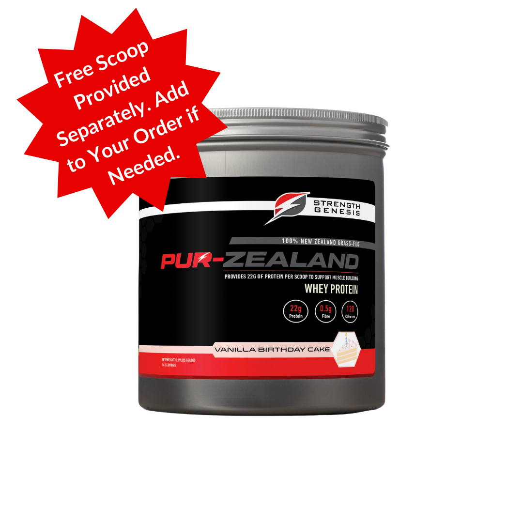 Pur Zealand 100% grass-fed whey protein in a gray container with a red starburst and text about a free scoop.