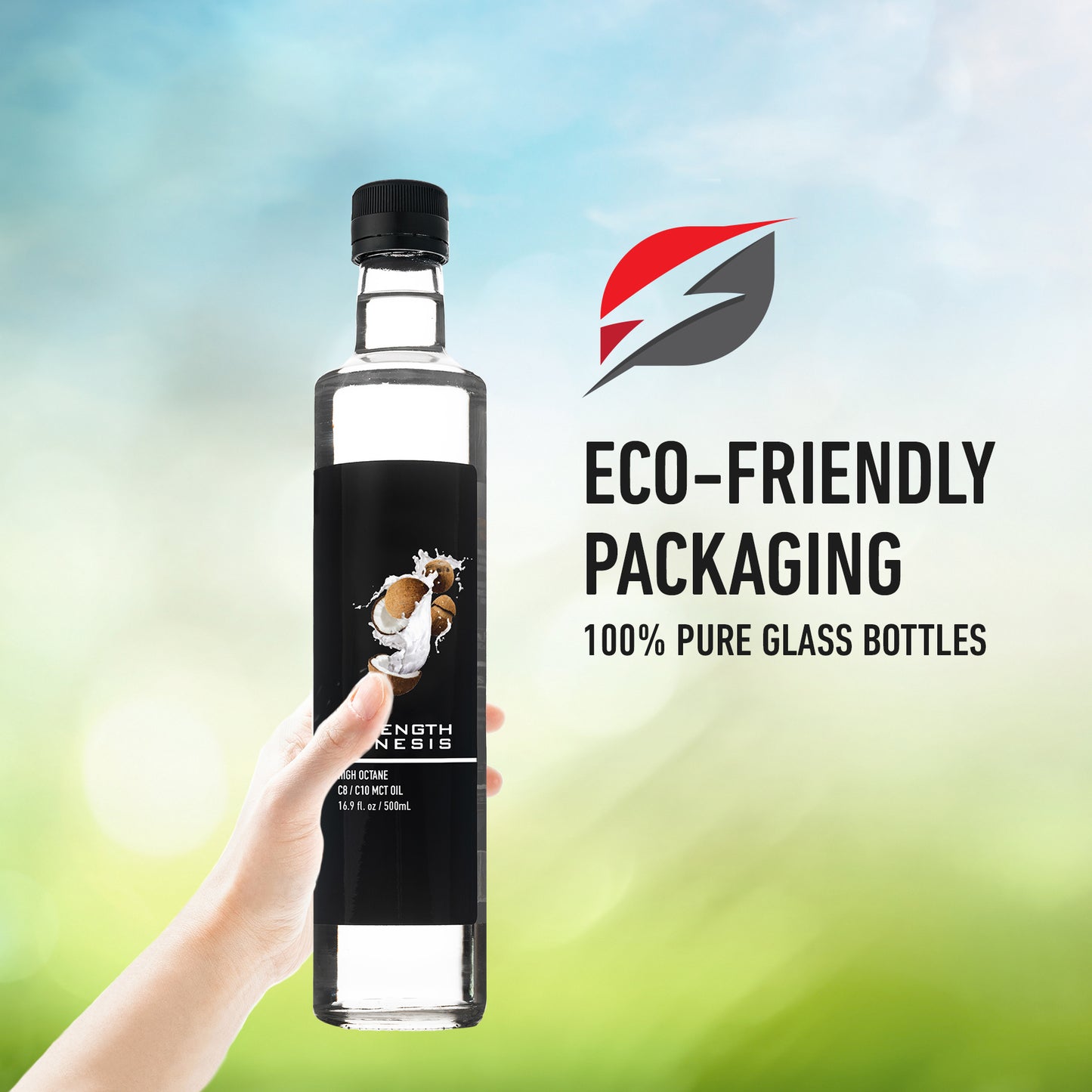 Lifestyle shot with MCT oil in eco-friendly packaging, promoting its use in ketogenic diets for energy and fat loss