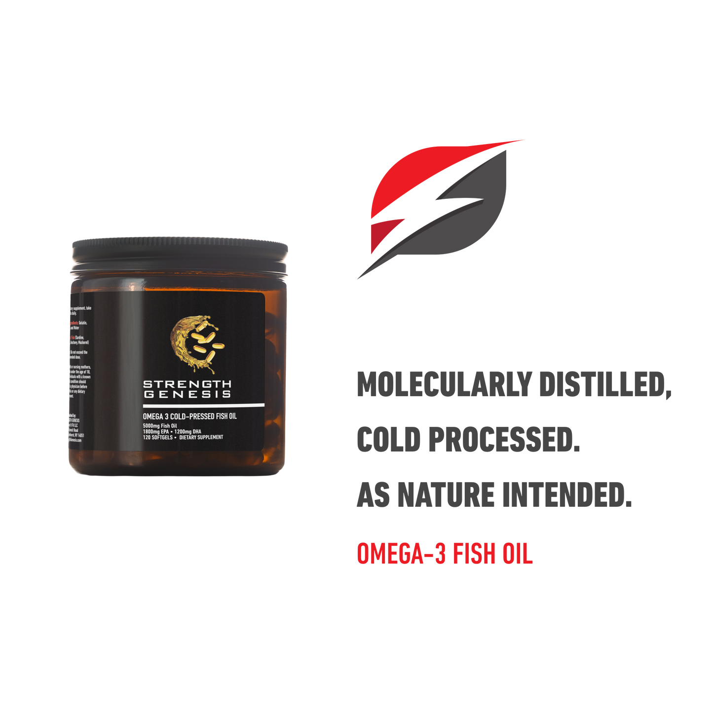 Omega 3 fish oil in a black jar with a label, featuring text about molecular distillation and cold processing.