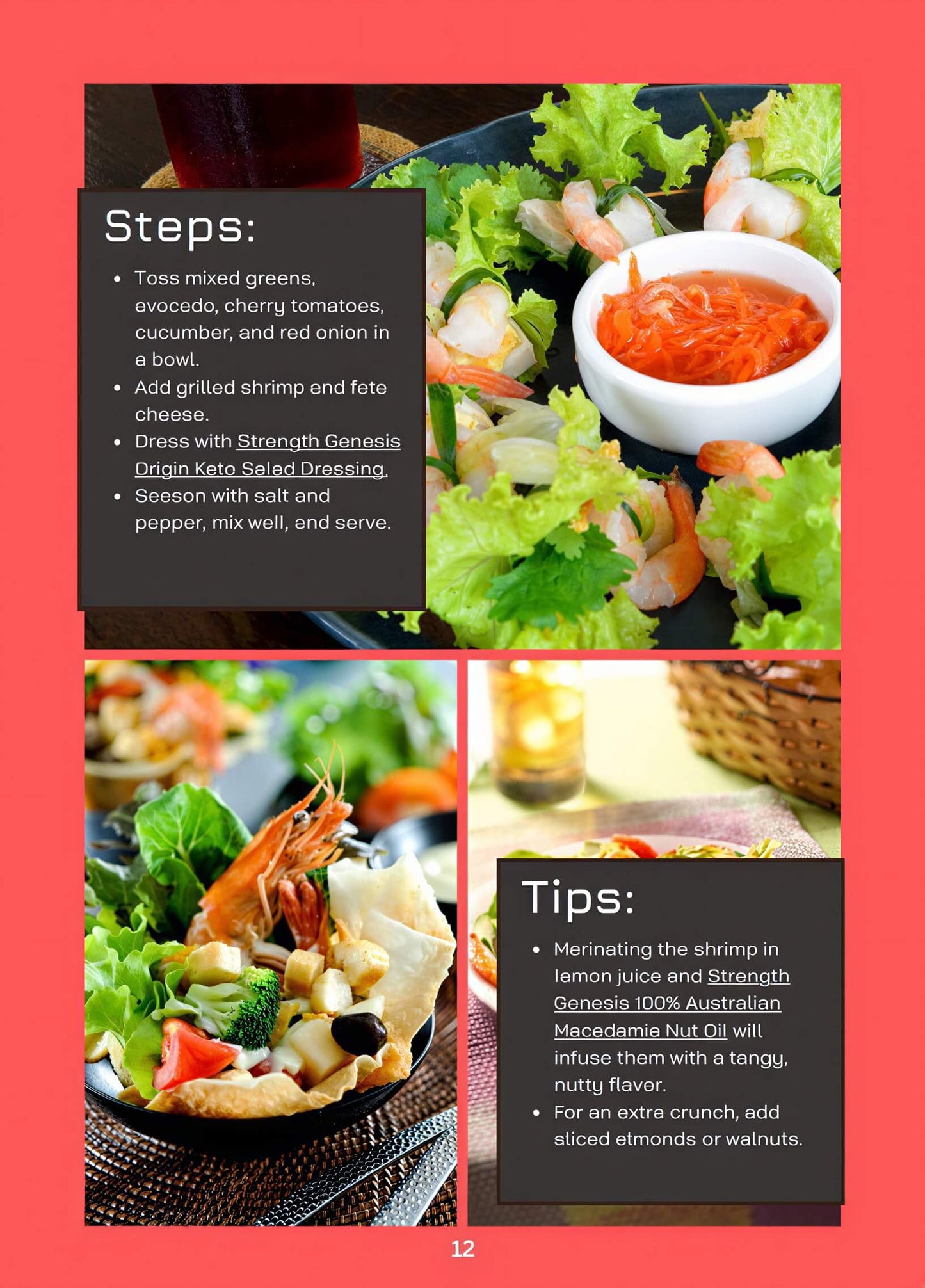 Lean greens and protein dreams eBook cover featuring colorful salads, shrimp, and fresh ingredients on a dark background.