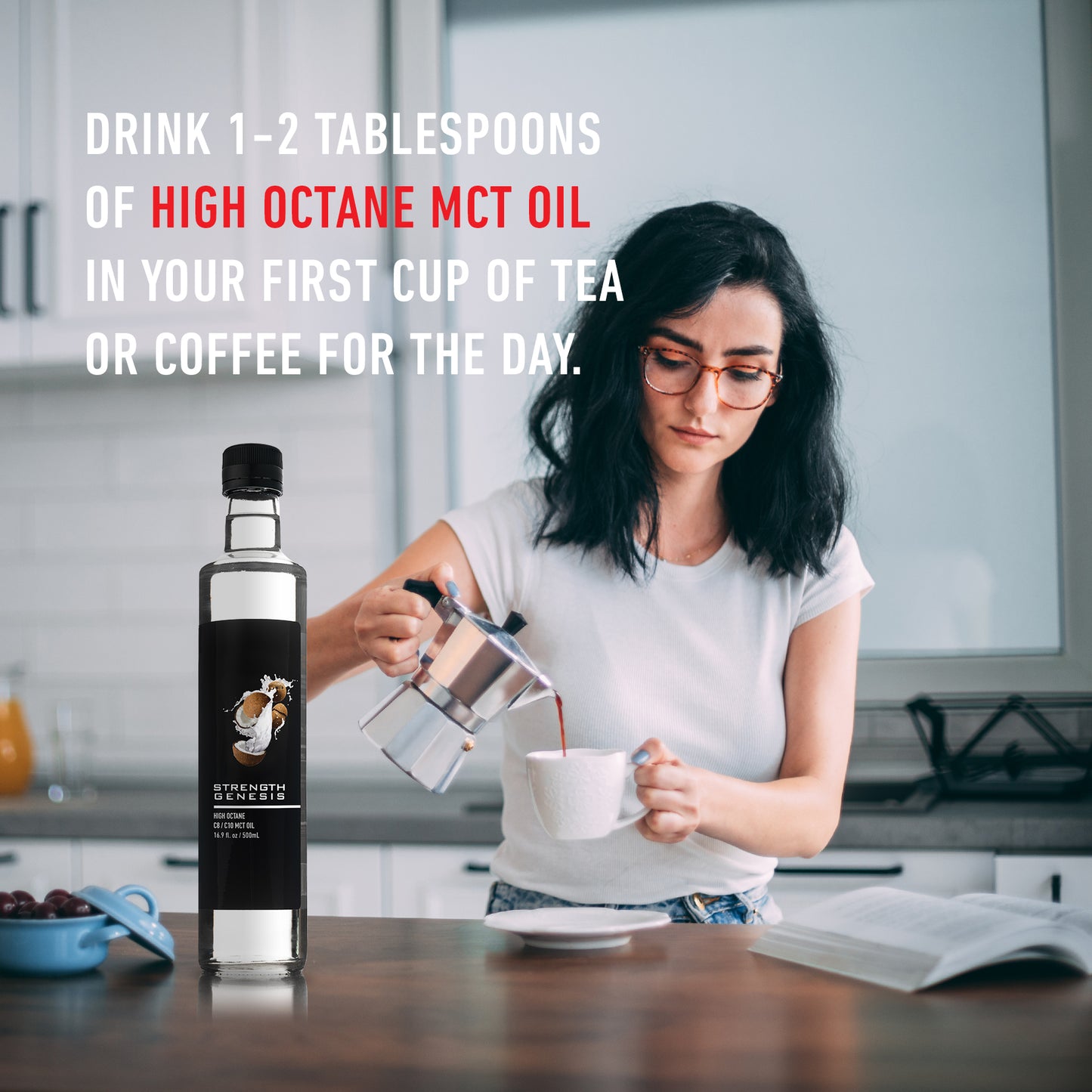 SG High Octane MCT Oil paired with coffee and protein shakes, illustrating versatile daily usage.