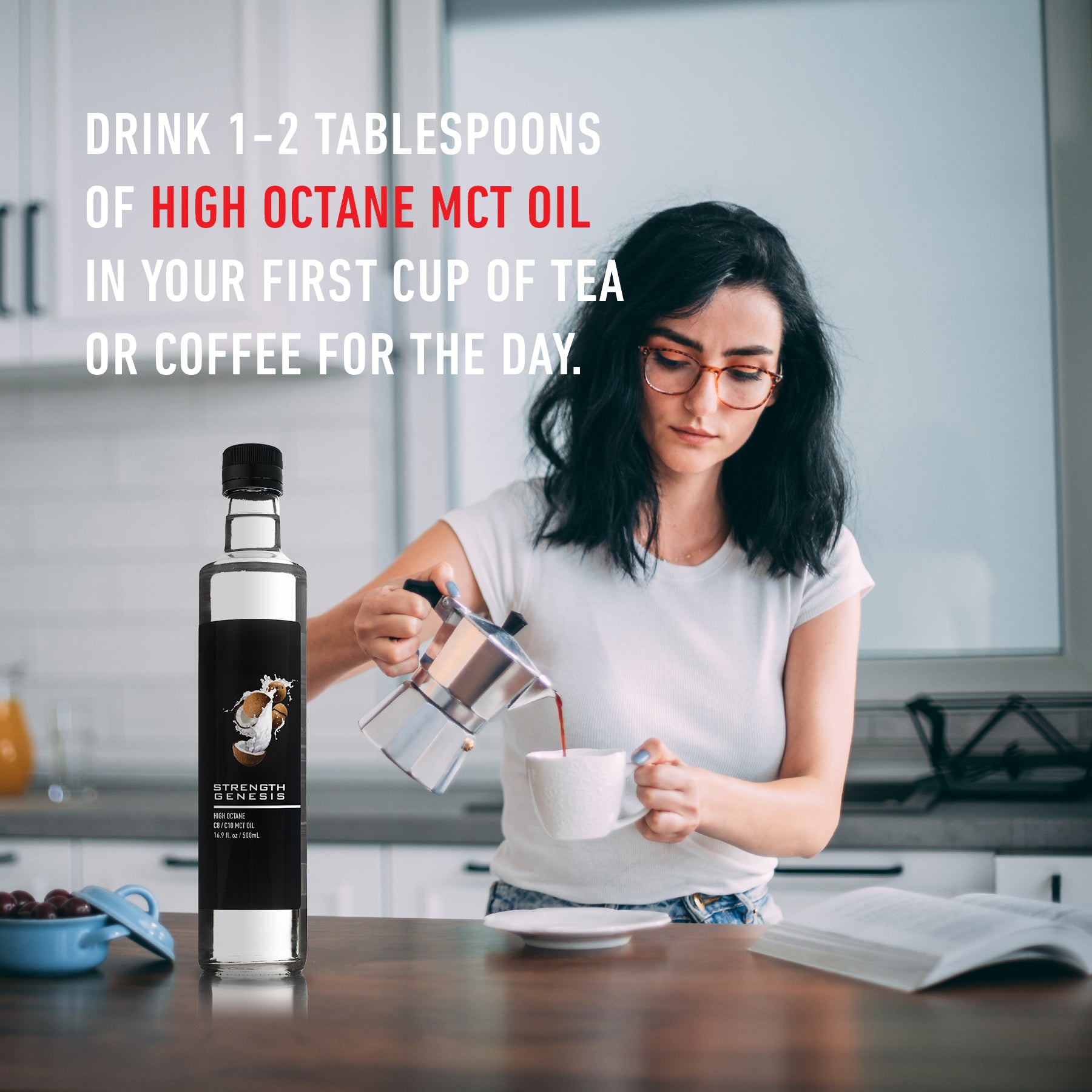 SG High Octane MCT Oil paired with coffee and protein shakes, illustrating versatile daily usage.