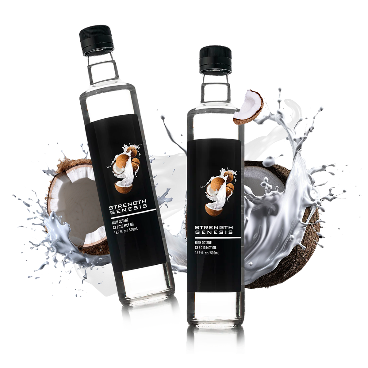 Close-up of High Octane MCT Oil two-pack featuring C8 and C10 medium-chain triglycerides for ketosis boost and energy, with eco-friendly labeling