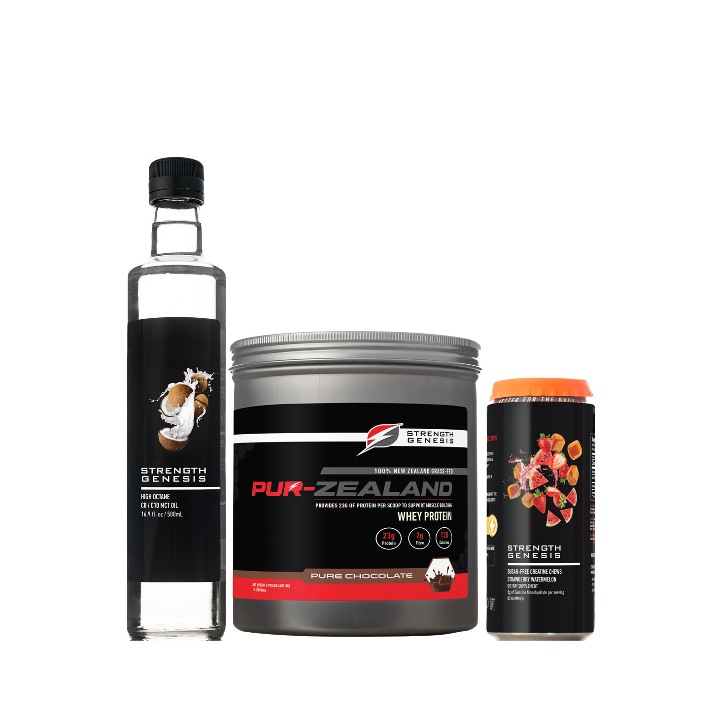 Performance bundle featuring a bottle of liquid, a chocolate whey protein container, and a can of energy drink.
