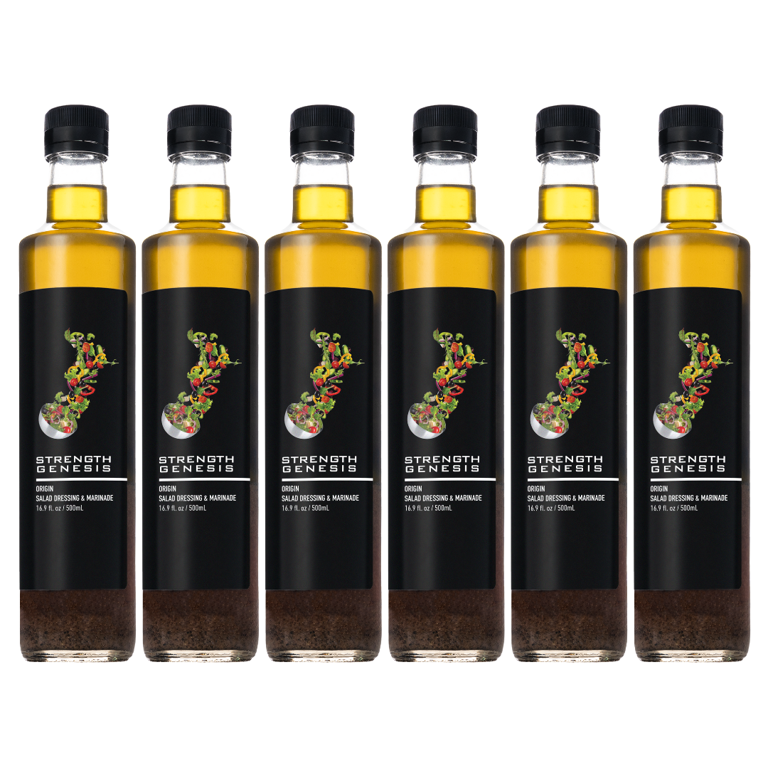 Origin Keto Mediterranean salad dressing bottles with black labels and colorful graphics, arranged in a row.
