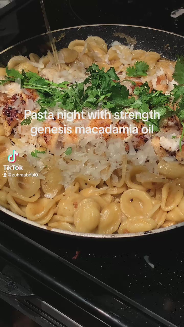 Video of Macadamia nut oil being used to sauté vegetables, emphasizing its 515°F smoke point suitable for high-heat cooking