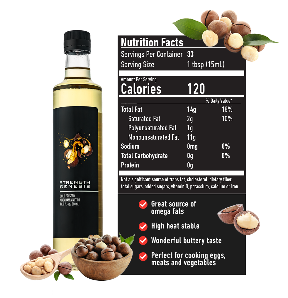 Nutritional label of Australian Macadamia Nut Oil highlighting high Omega-3 content and health benefits