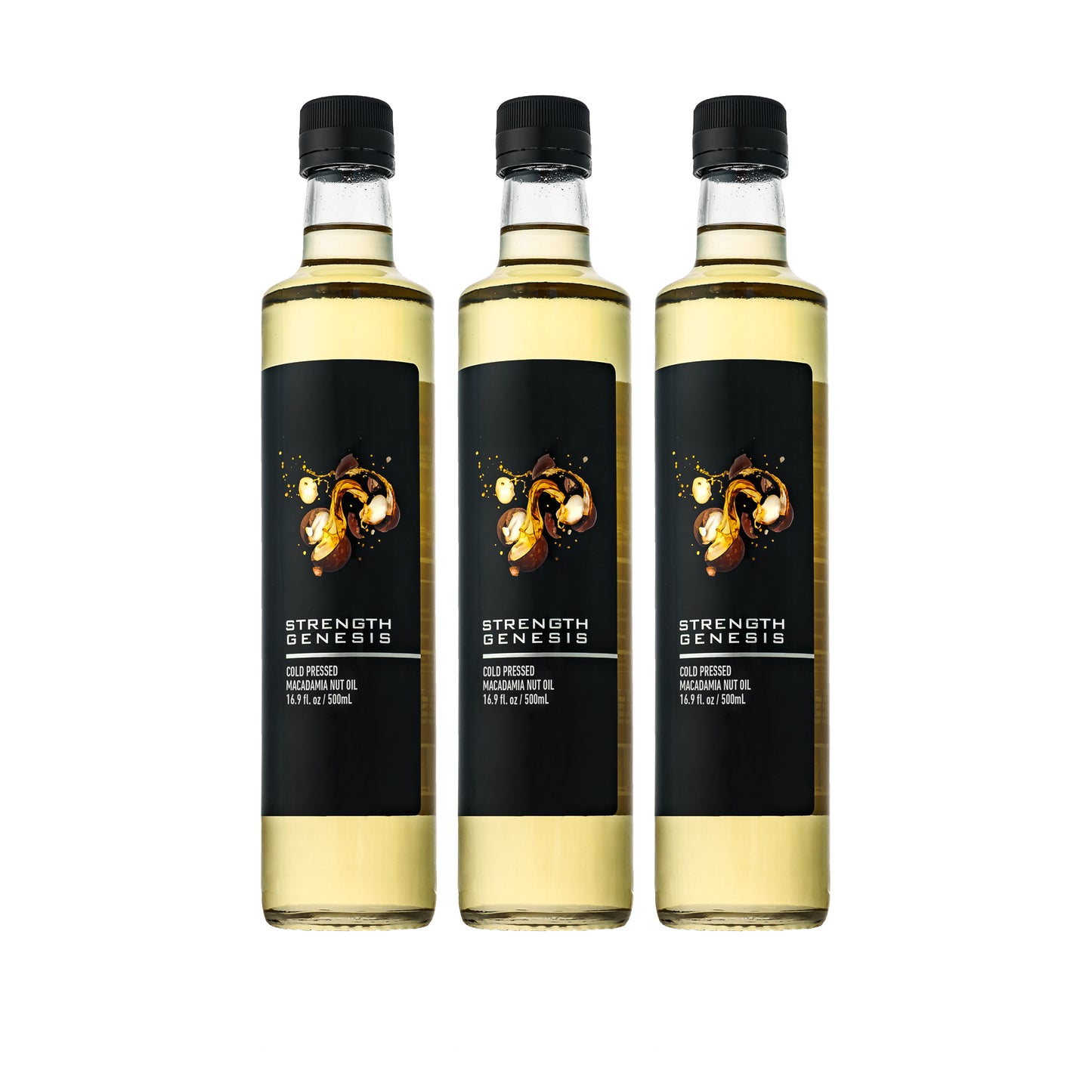 3 bottles of Australian Extra Virgin Macadamia Nut Oil arranged sideways among a scattering of fresh macadamia nuts, showcasing bulk purchase value and premium quality