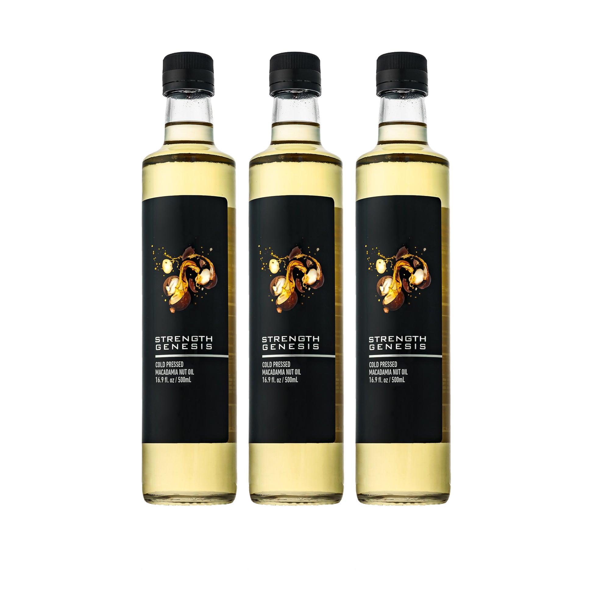 3 bottles of Australian Extra Virgin Macadamia Nut Oil arranged sideways among a scattering of fresh macadamia nuts, showcasing bulk purchase value and premium quality