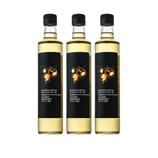 3 bottles of Australian Extra Virgin Macadamia Nut Oil arranged sideways among a scattering of fresh macadamia nuts, showcasing bulk purchase value and premium quality