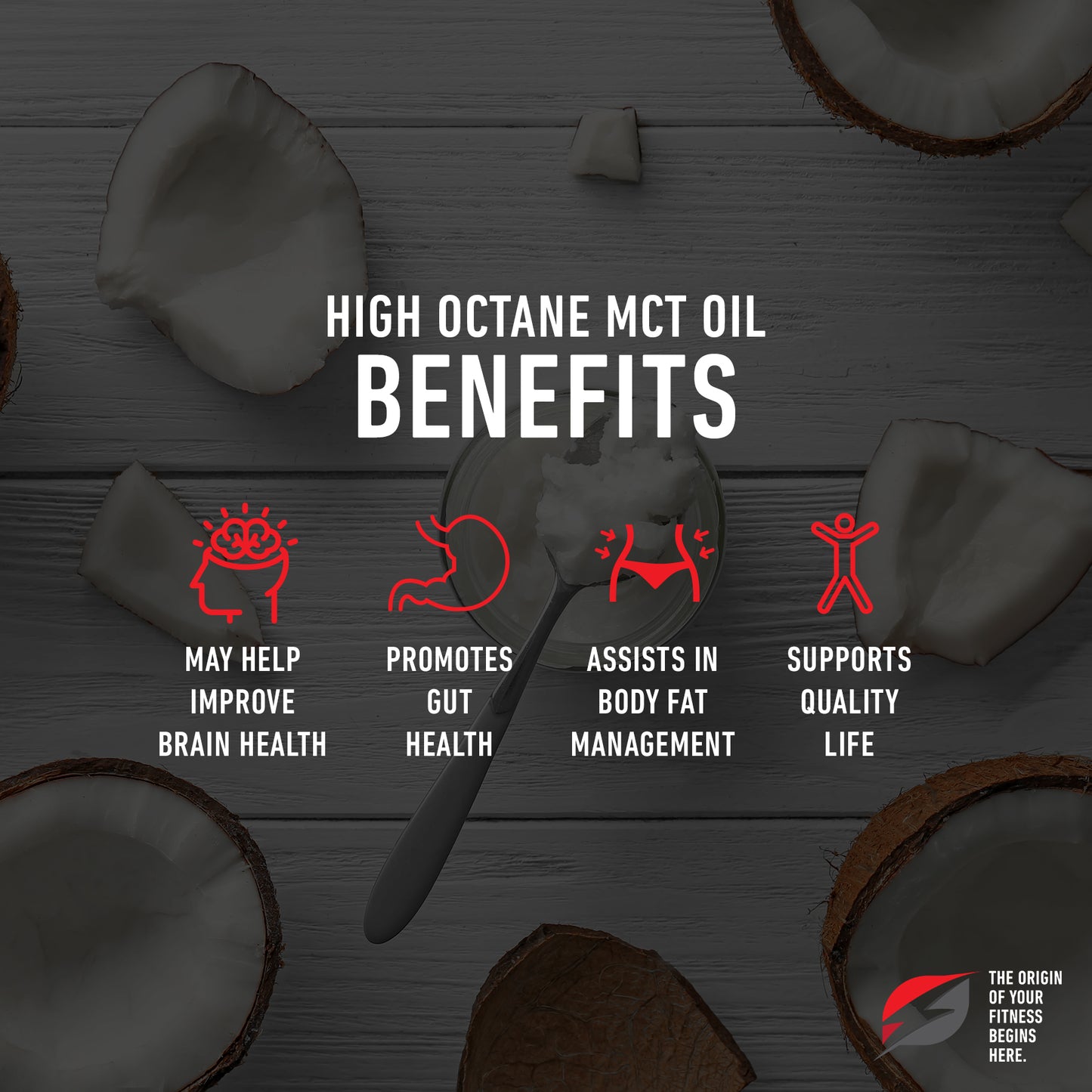 Coconut-derived MCT oil bottle, ethically sourced with no palm kernel additives, emphasizing sustainability