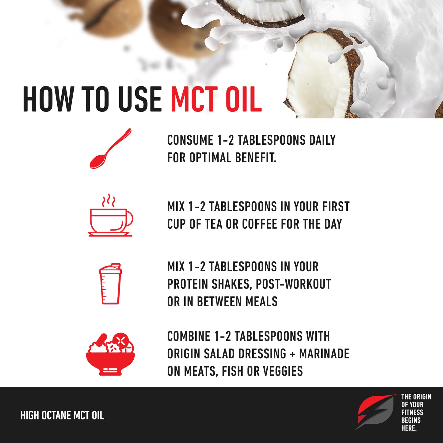 SG High Octane MCT Oil paired with coffee and protein shakes, illustrating versatile daily usage.