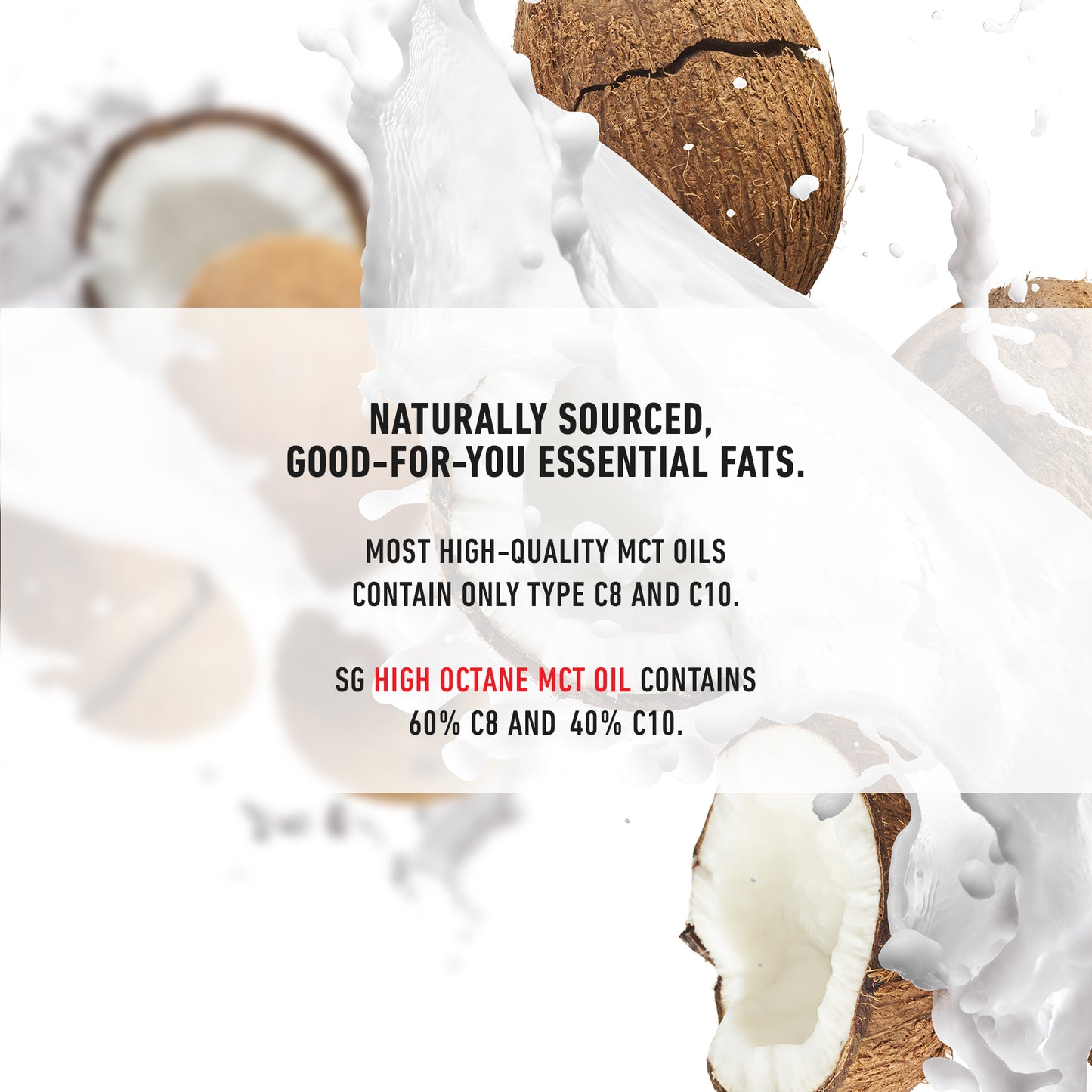 Coconut-derived MCT oil bottle, ethically sourced with no palm kernel additives, emphasizing sustainability