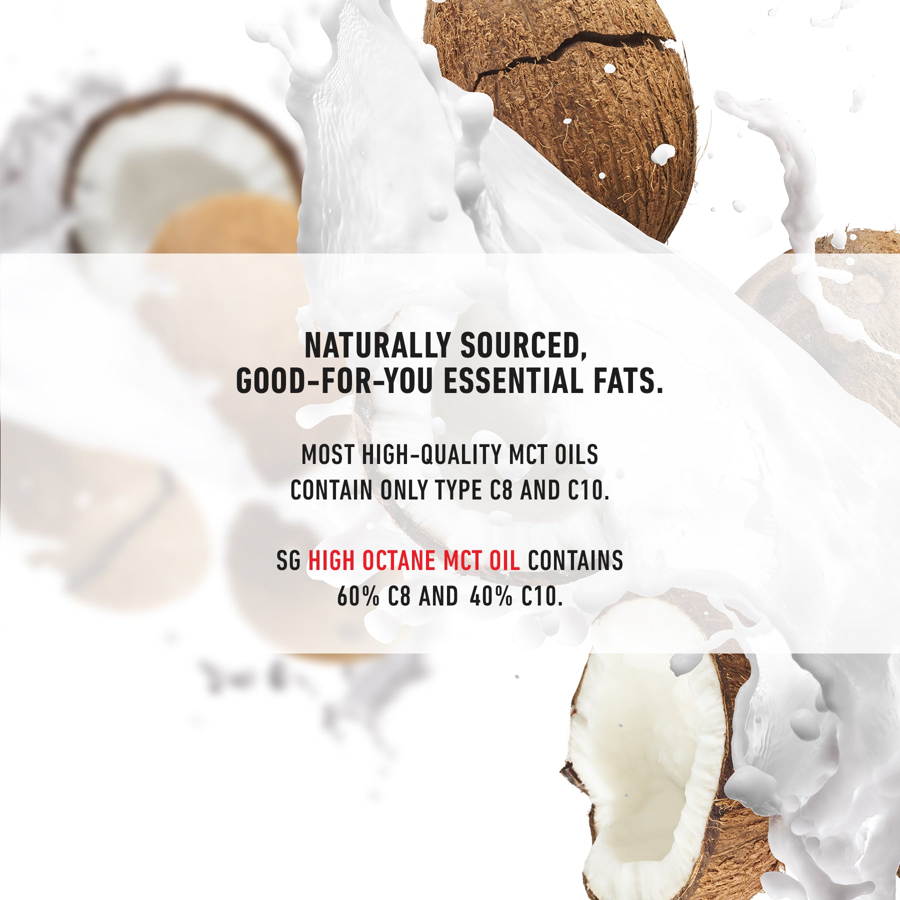 Coconut-derived MCT oil bottle, ethically sourced with no palm kernel additives, emphasizing sustainability