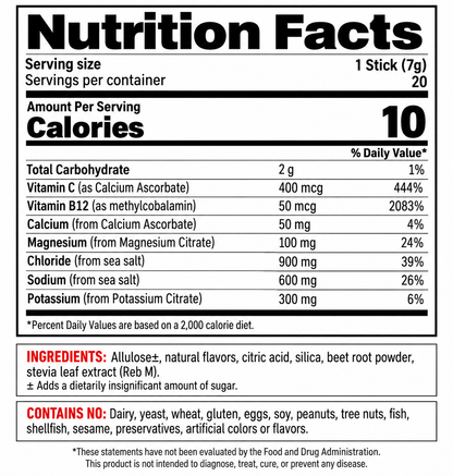 Nutrition Facts label for Strength Genesis Hydrate listing 10 calories, vitamins, and minerals per 7g stick serving.