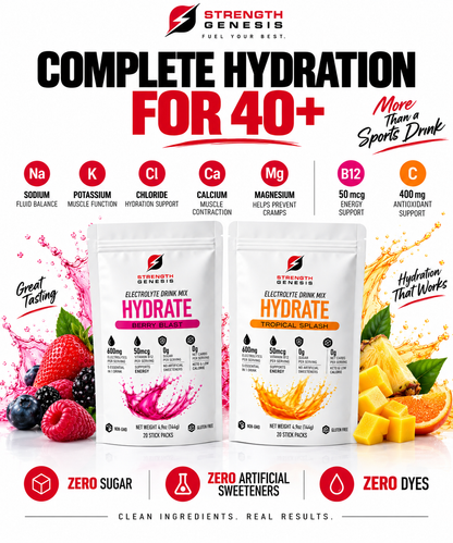 Two white Strength Genesis Hydrate electrolyte drink mix pouches in Berry Blast and Tropical Splash flavors with fruit.