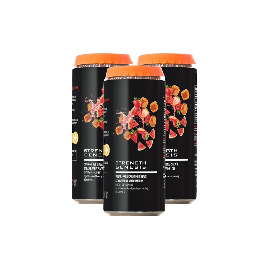 Strength Genesis sugar free creatine chews in three black and orange canisters with fruit graphics on the label.