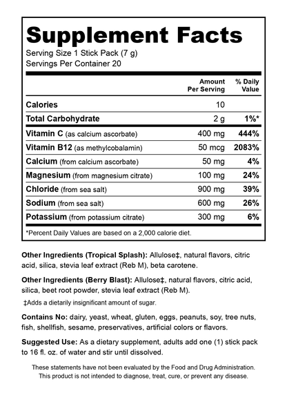 Strength Genesis Hydrate Supplement Facts: per 7 g stick, 10 calories, 400 mg vitamin C, 50 mcg B12, 50 mg calcium, 100 mg magnesium, 900 mg chloride, 600 mg sodium, 300 mg potassium.