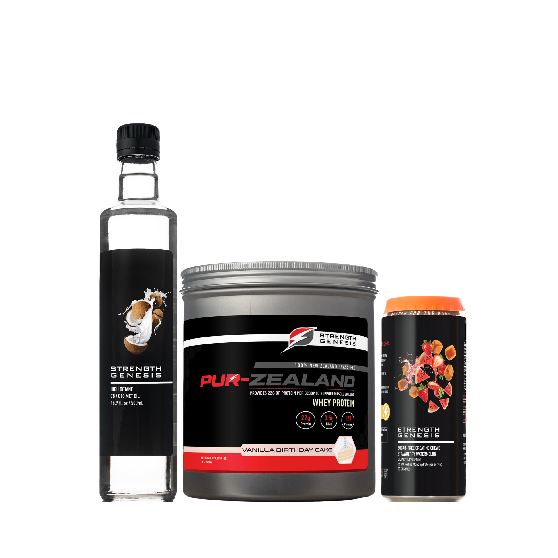 Performance bundle featuring vanilla birthday cake whey protein, a bottle, and a can of mixed fruit drink.