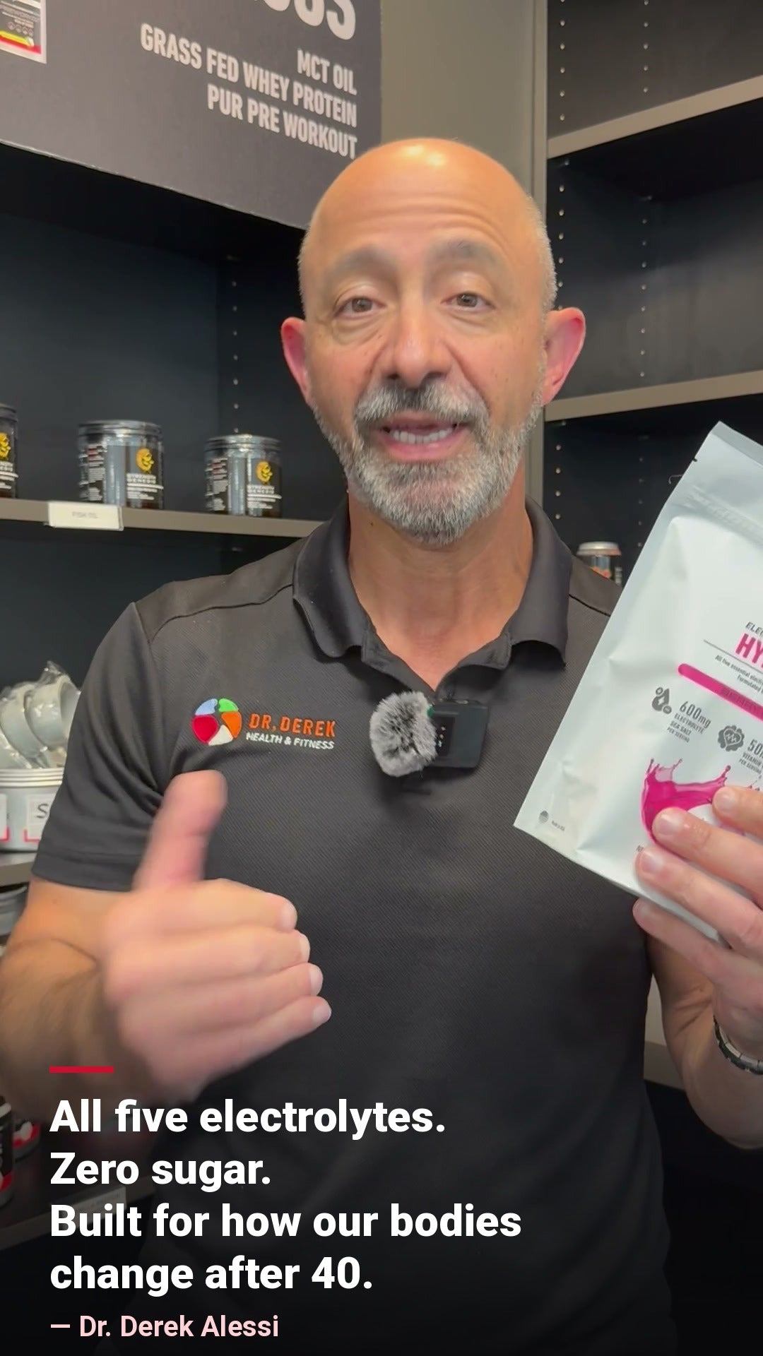 Dr. Derek Alessi holding Strength Genesis Hydrate: All five electrolytes. Zero sugar. Built for how our bodies change after 40.