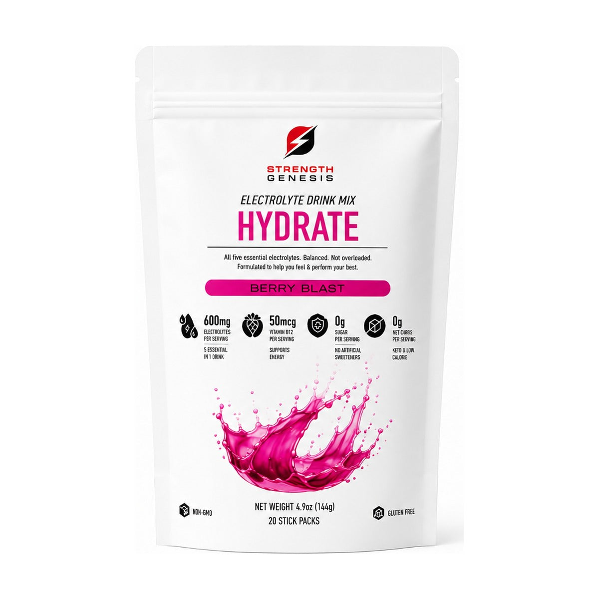 Strength Genesis Hydrate Berry Blast electrolyte drink mix, 20 stick packs