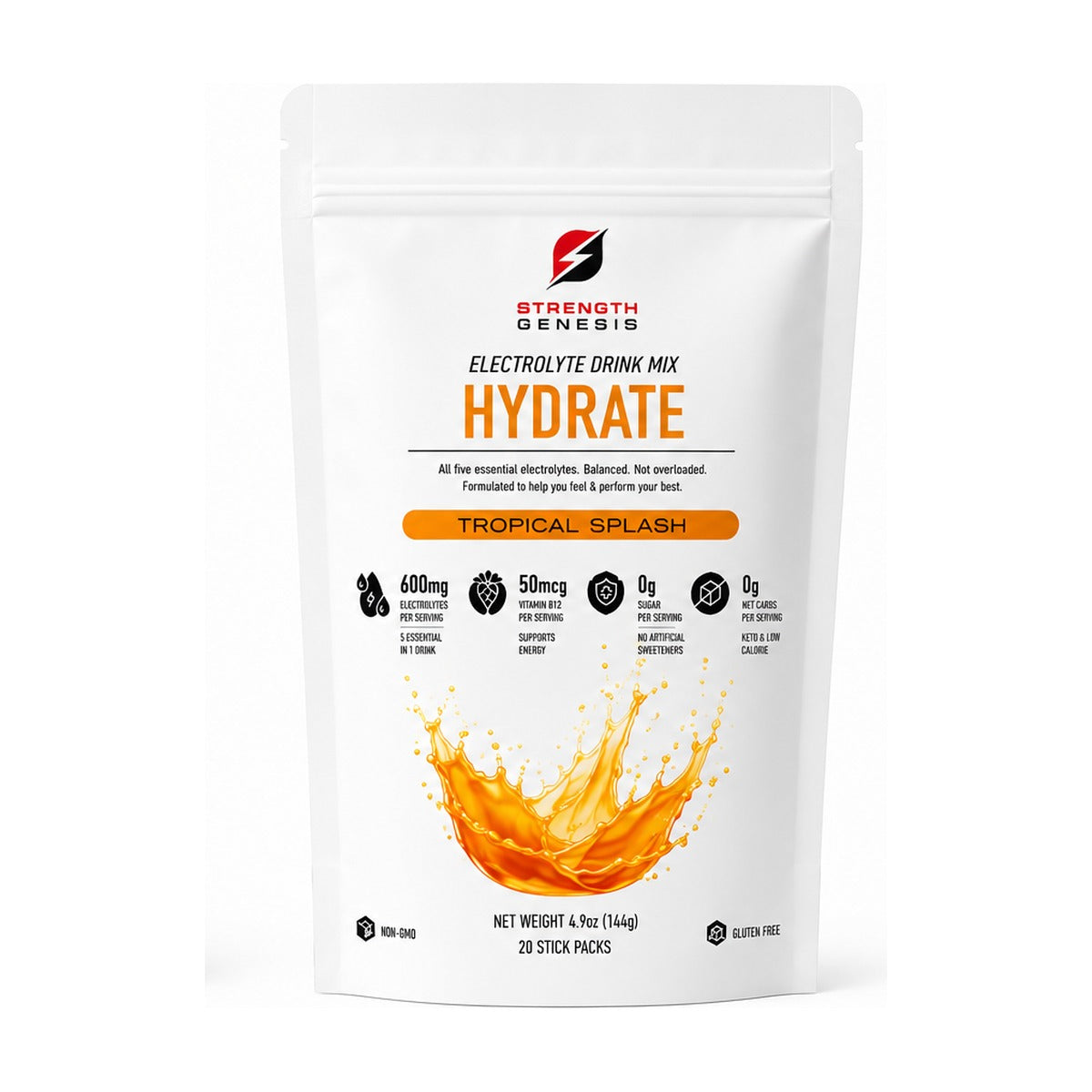 Strength Genesis Hydrate Tropical Splash electrolyte drink mix, 20 stick packs