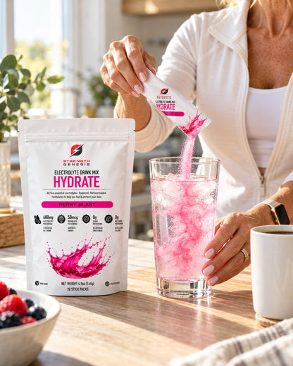Pouring a Berry Blast Hydrate stick into a glass of ice water next to morning coffee