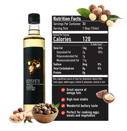 Nutritional label of Australian Macadamia Nut Oil highlighting high Omega-3 content and health benefits