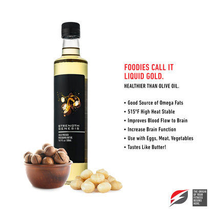 Infographic displaying health benefits of macadamia nut oil, including heart health and rich monounsaturated fats