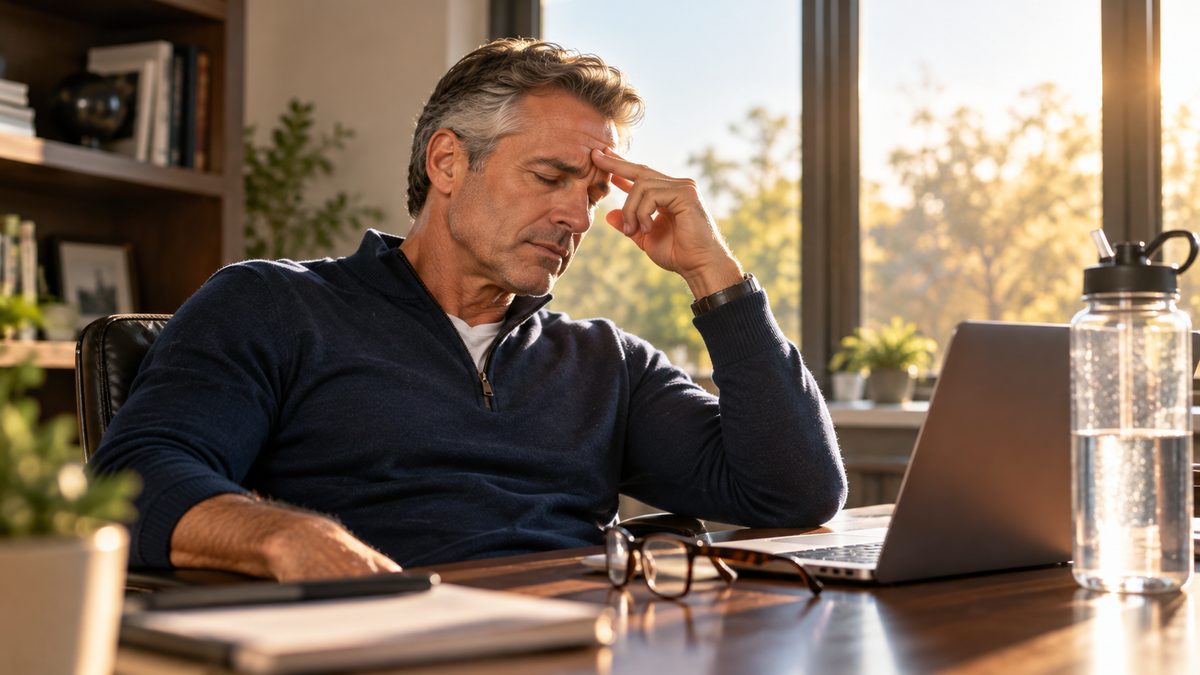 A man in his 50s at his desk pressing his forehead, a full water bottle beside his laptop