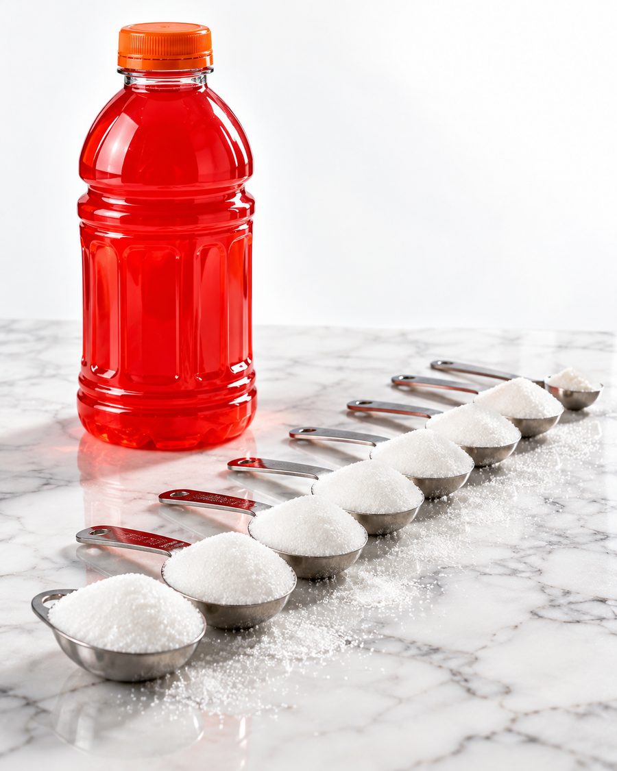 A red sports drink bottle beside a row of measuring spoons heaped with sugar